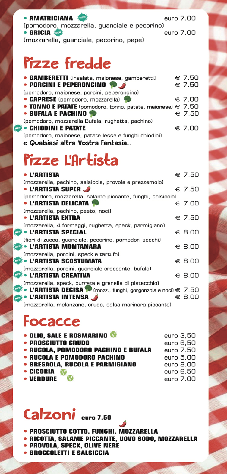 Menù Pizzeria l'Artista